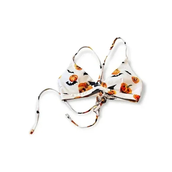 Zaful Womens Halloween Pumpkin Bat Bikini Top Size M 6 Twee Witchy Goth Novelty - Picture 1 of 5